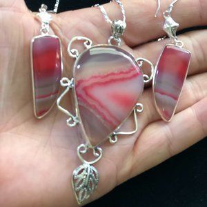 Botswana Lace Agate Gemstone 925 Sterling Silver Necklace + Earrings.